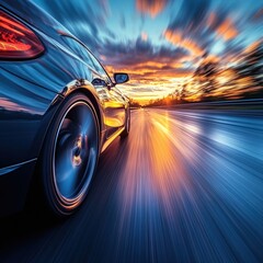 Fast car driving at sunset with motion blur effect showing speed and vibrant sky colors
