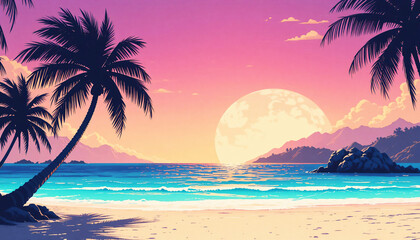 Fototapeta premium Tropical Sunset with Silhouetted Palms and Ocean Waves