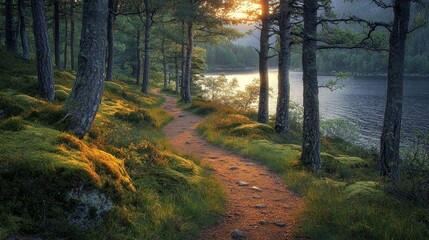 Fototapeta premium A tranquil forest path meanders by the serene lake, capturing the golden glow of sunset through tall trees.