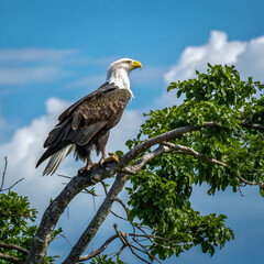 Obraz premium white tailed eagle sitting on tree crown in summer