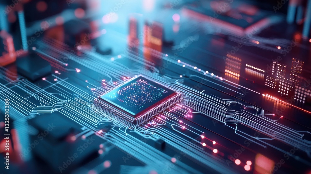 Poster glowing circuit board with luminous microchips and complex digital patterns