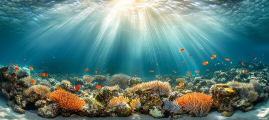 Sun Shafts, Vibrant Colors. Underwater Paradise, A Diverse Coral Reef Ecosystem Flourishing