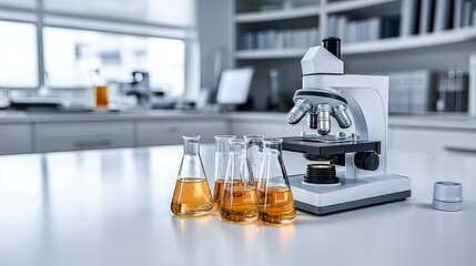 Clear test tubes filled with vibrant liquids sit beside a microscope in a well-lit laboratory workspace