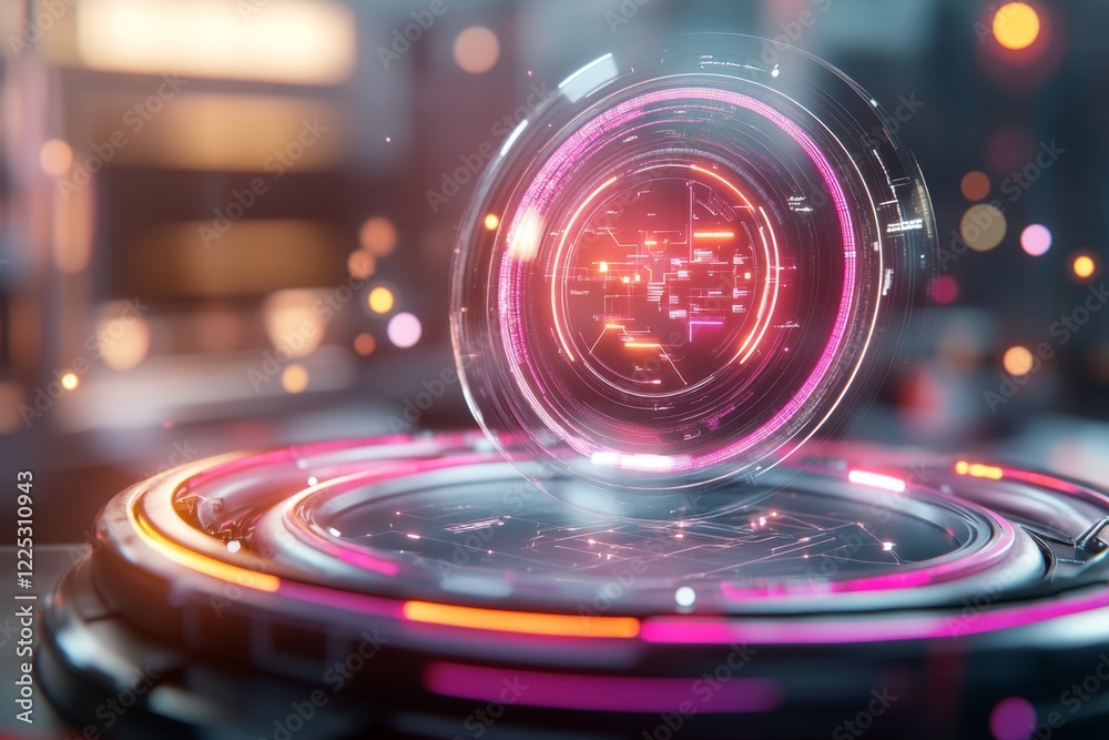 Leinwandbilder A cyberpunk-inspired scene of a glowing, neon-colored interface projecting holographic instructions that simplify a complex task in a futuristic urban setting