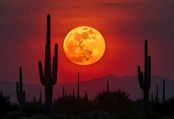 Saguaro Cacti Silhouetted Against Super Blood Moon