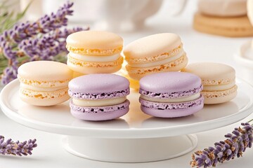 Obraz premium A display of colorful macarons arranged in pairs, each featuring complementary shades such as lavender and yellow