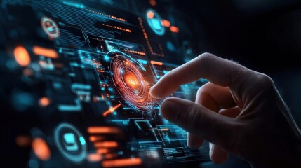 Fototapeta premium Futuristic Digital Interface with Glowing Holographic Data Visualization and Analytics