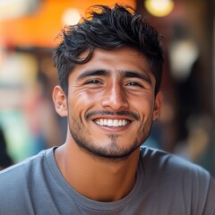 Obraz premium Young man smiling brightly at outdoor market during late afternoon sunlight, showcasing happiness and warmth