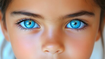 Fototapeta premium Young child gazes directly at the viewer with striking blue eyes. Soft focus enhances the clarity of their features, highlighting innocence and curiosity