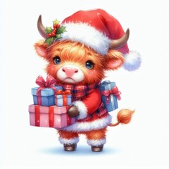 Cute cow in a Santa hat with Christmas gifts.