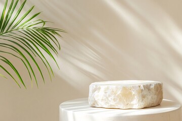 Stone product display, sunlight, palm leaf, beige background