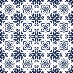 Geometric Blue and White Tile Pattern with Ornamental Floral Elements