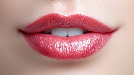 Obraz premium Close-up of lips with pink lipstick. Beauty, cosmetics, skincare