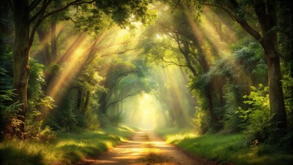 Obraz premium Sunbeams Illuminate a Mystical Forest Path, Creating an Ethereal Atmosphere
