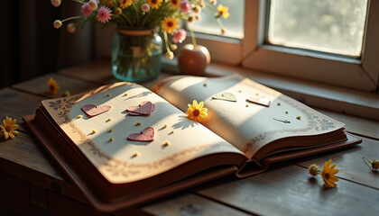 Obraz premium Valentine's Day scrapbook displayed on a wooden table with flower decorations