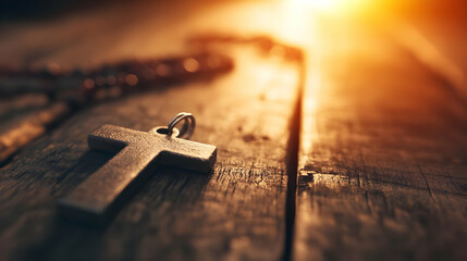 Close-up of a wooden cross with rosary beads glowing in sunlight, symbolizing faith and tranquility.