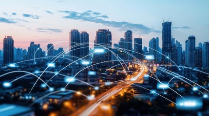 Dazzling Metropolis of Interconnected Skyscrapers and Pulsing Traffic Arteries at Twilight