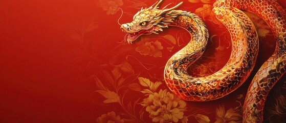Obraz premium A Majestic Golden Dragon, Intricately Detailed, Winds Elegantly Against A Rich Red Backdrop Adorned With Golden Floral Patterns.