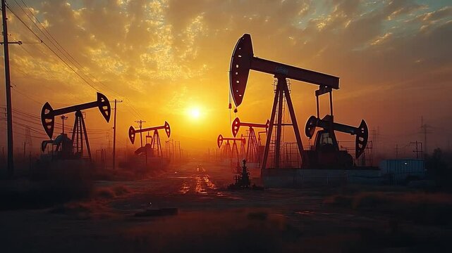 Oil Pumpjacks at Sunset: Silhouetted oil pumpjacks work against a vibrant sunset, a dramatic image representing the energy industry and the power of natural resources. 