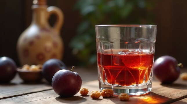 Enjoying uic traditional plum brandy in a rustic setting with fresh plums
