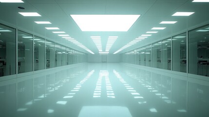 Obraz premium Cleanroom Corridor: Sterile Environment, High-Tech Facility, Industrial Architecture, Modern Design, Reflective Floor, Glass Walls, Interior Space, Bright Lighting