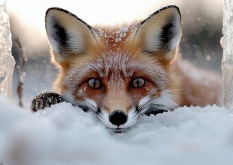 Obraz premium Red fox resting in snow with a serene expression during winter afternoon in a forested area