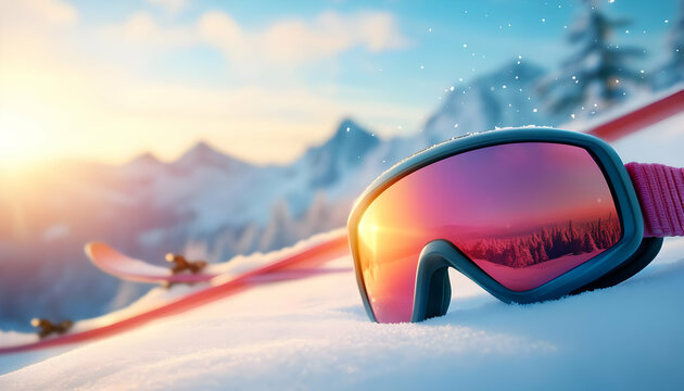 Colorful ski goggles resting on fresh snow with slopes and mountains in the background under a sunny sky.
