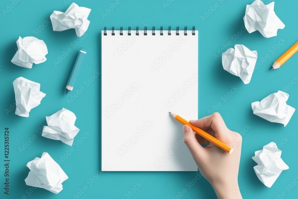 Poster a flat design of a hand holding a quivering pencil above a blank paper, with soft gradients highligh