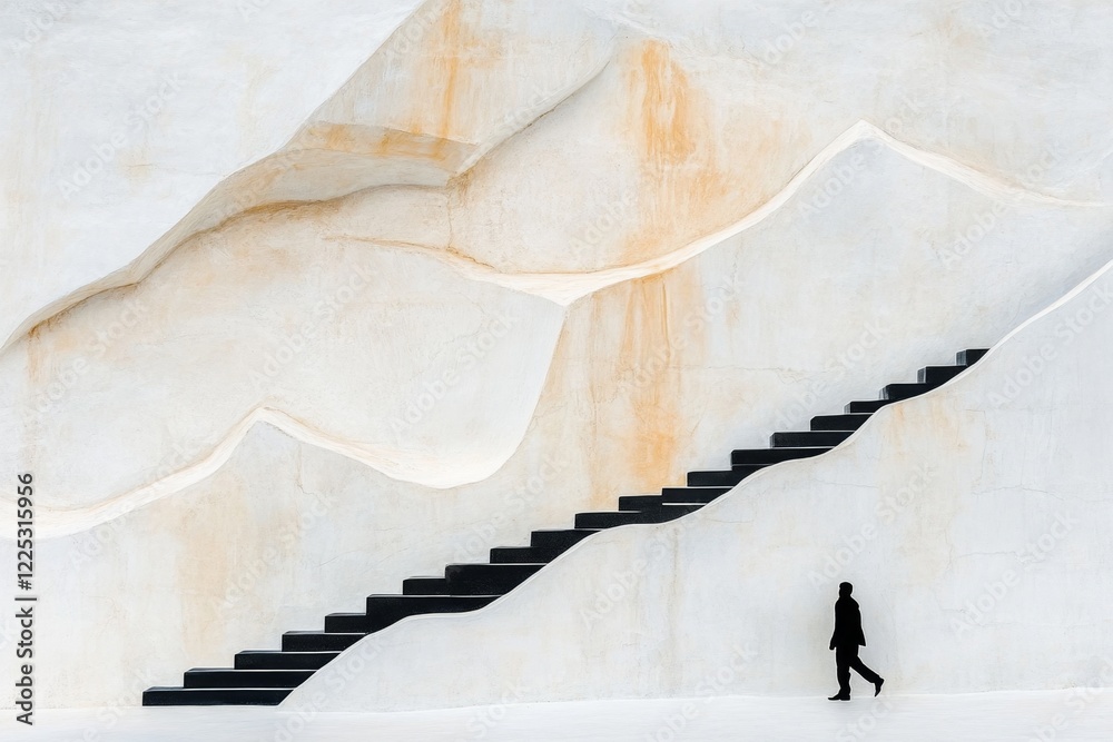 Poster a flat, 2d depiction of a person walking up to a looming staircase, their small figure surrounded by
