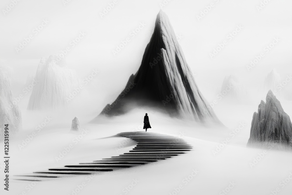 Poster a flat, 2d depiction of a person walking up to a looming staircase, their small figure surrounded by