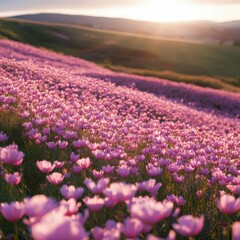 Fototapeta premium Breathtaking sunset illuminates a vibrant field of pink flowers in a serene landscape