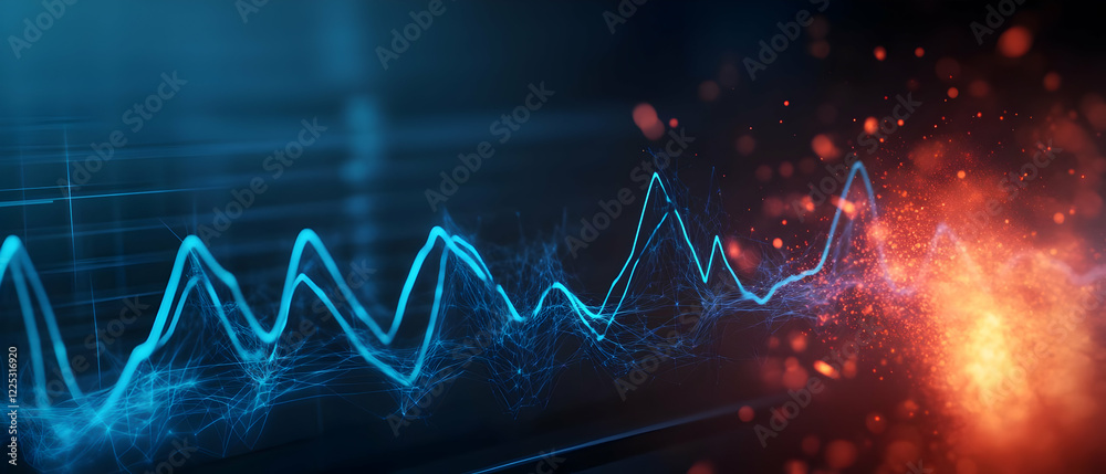 Poster dynamic digital waveforms representing modern technology and data analysis in vibrant colors.