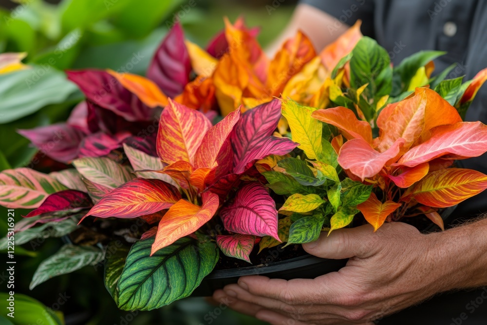 Poster A gardener arranging colorful plants in a pattern, showing the creative and applicable use of design in landscaping