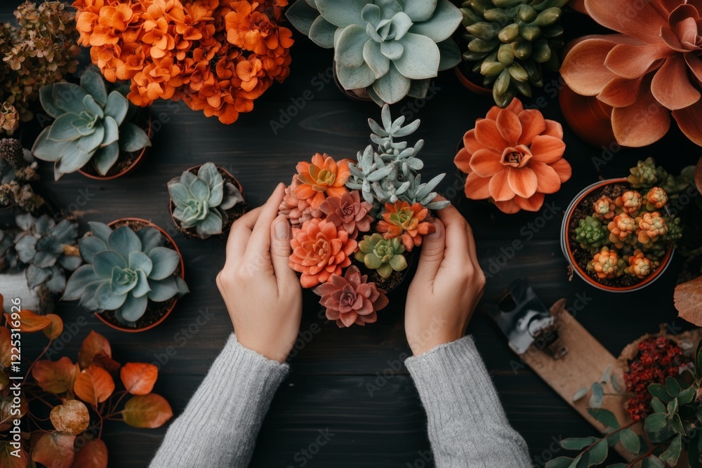 Poster A gardener arranging colorful plants in a pattern, showing the creative and applicable use of design in landscaping