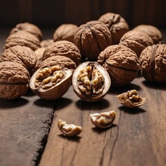 Walnuts on wooden rustic table. Autumn harvest.