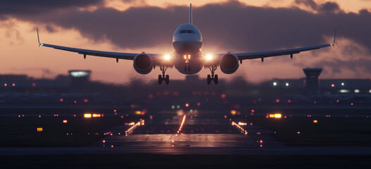 A scene of an airplane flying at sunset. The sky was dyed orange and yellow by the setting sun, which was slowly setting behind the horizon, and the clouds showed warm colors.