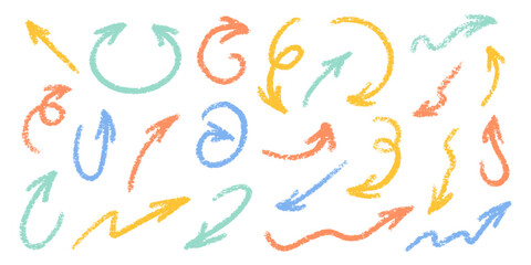 Crayon Arrows Squiggle Vector Set. Chalk Scribble Pointer Shapes Collection. Colorful Hand Drawn Brush Texture Spiral Swirls. Pencil Emphasis Elements Charcoal Doodle Curved Symbols Bundle