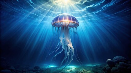 Majestic Jellyfish Illuminated by Sunbeams in Deep Ocean Waters