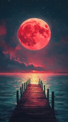 Obraz premium A Serene Painting Of A Wooden Pier Extending Into A Calm Sea Under A Giant, Blood-Red Moon. The Scene Evokes A Sense Of Mystery And Tranquility.