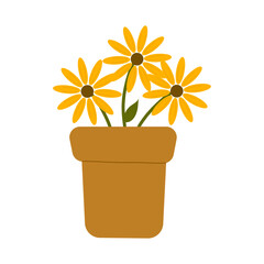Rudbeckia flowers in a flower pot. Garden bouquet with yellow daisies. Vector illustration, flat style.