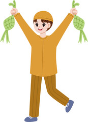 muslim kid holding ketupat celebrating eid