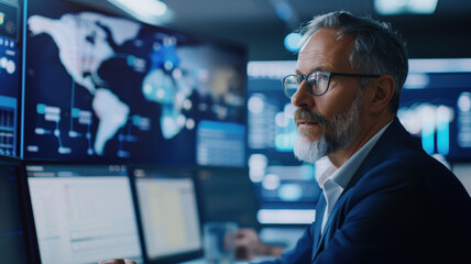 A senior business professional in a modern office, intently analyzing digital data on multiple screens. The high-tech environment highlights global networking, strategic planning
