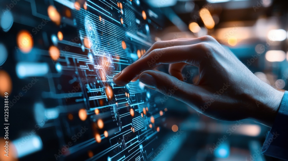 Poster touching futuristic digital matrix with data visualization and technology concepts