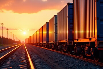 Fototapeta premium Vibrant Sunset Over Trains: A Scenic View of Freight Containers Along the Tracks, Bathed in Golden Light with a Subtle Reflection on the Rails