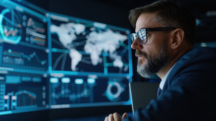 man in suit and glasses analyzes data on multiple digital screens displaying global maps and charts, reflecting focused and analytical expression