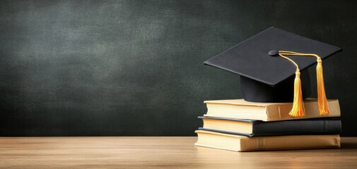 A graduation cap resting on stacked books, symbolizing academic achievement and the pursuit of knowledge.