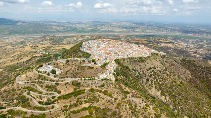 Aerial view of the town of Rotondella located on a hill in Basilicata, Italy. 