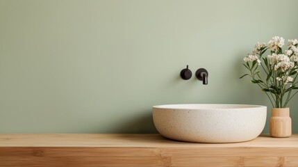 Elegant White Bowl Sink Set Against Minimalist Bathroom Decor Evoking Cleanliness Freshness and Contemporary Style