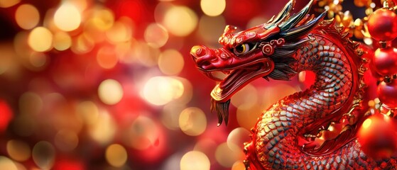 Fototapeta premium A Vibrant Red Chinese Dragon Figurine Stands Out Against A Bokeh Background Of Red And Gold Lights, Creating A Festive And Celebratory Atmosphere, Perfect For The Lunar New Year.