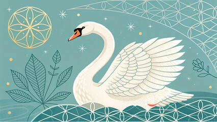 Naklejka premium Elegant Swan Illustration with Geometric Botanical Patterns 